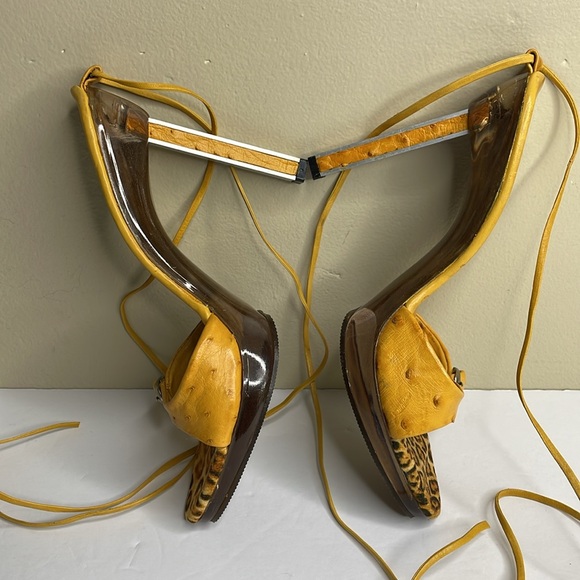 LUCIANO ROSSI Platform Heels Genuine Ostrich Laces Up Ankle Square Size 9 - Picture 4 of 12